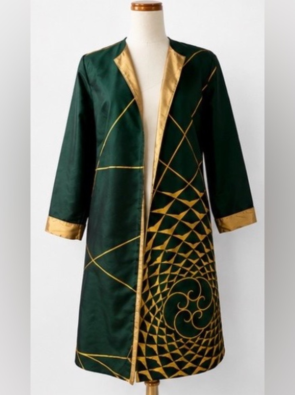 [Singular Couture] Hand Painted Silk Art Wear Duster Jacket Green Gold